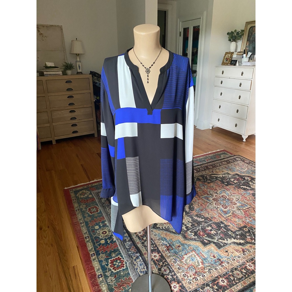 Chicos Blue Black Geometric Colorblock‎ High-Low Tunic Blouse Size 2 Large